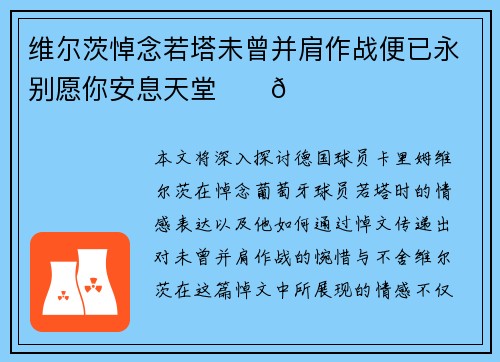 维尔茨悼念若塔未曾并肩作战便已永别愿你安息天堂❤️🕊️